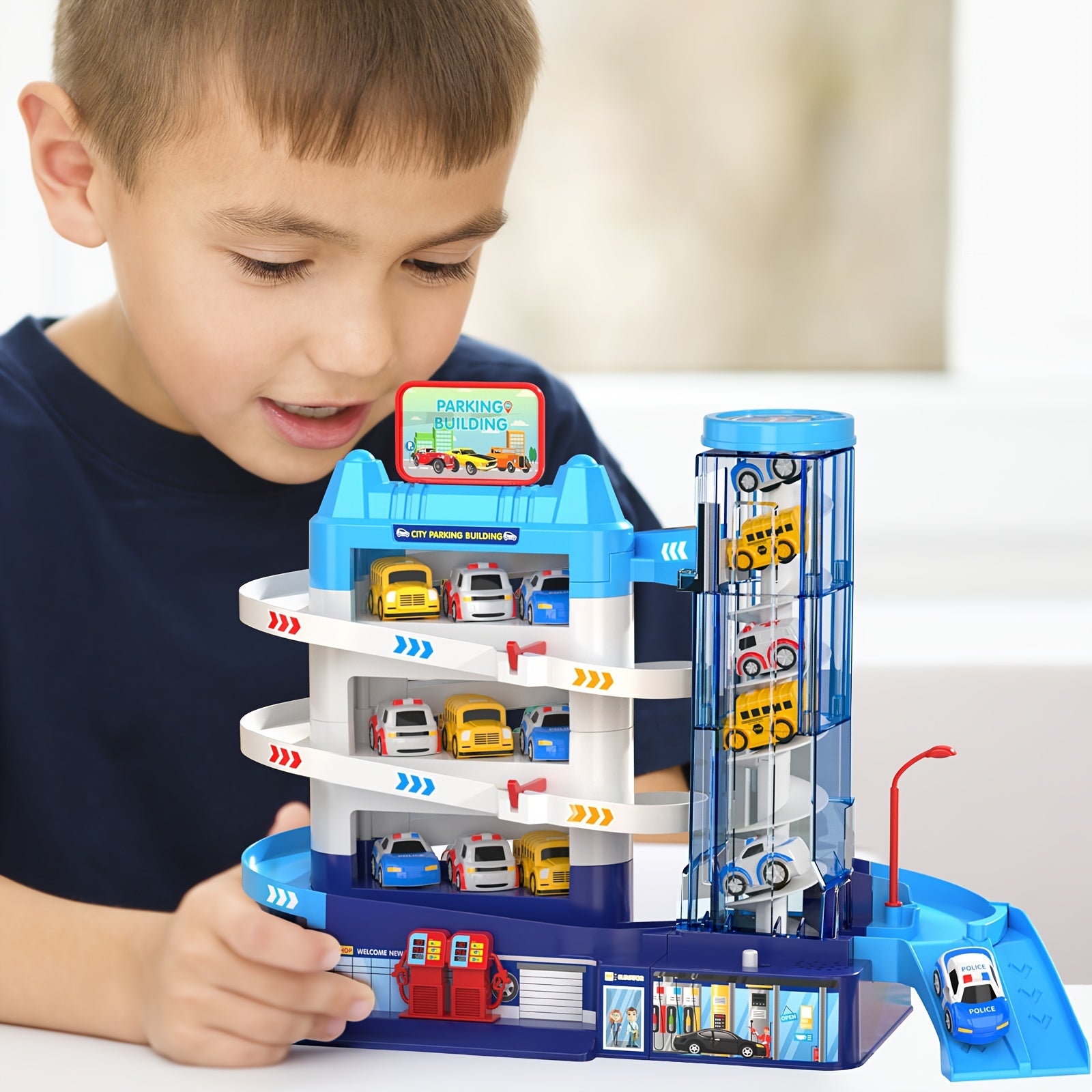 Kids Blue Plastic Car Garage Playset with Parking Lot Ambulance Police Car and School Bus