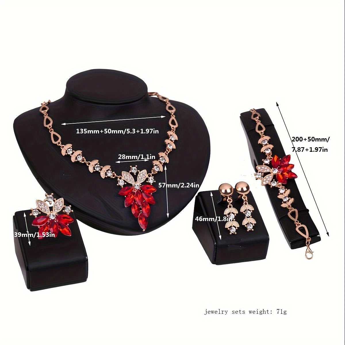 Jewelry Set with Flower Design Earrings Necklace Bracelet Ring White and Scarlet Zirconia