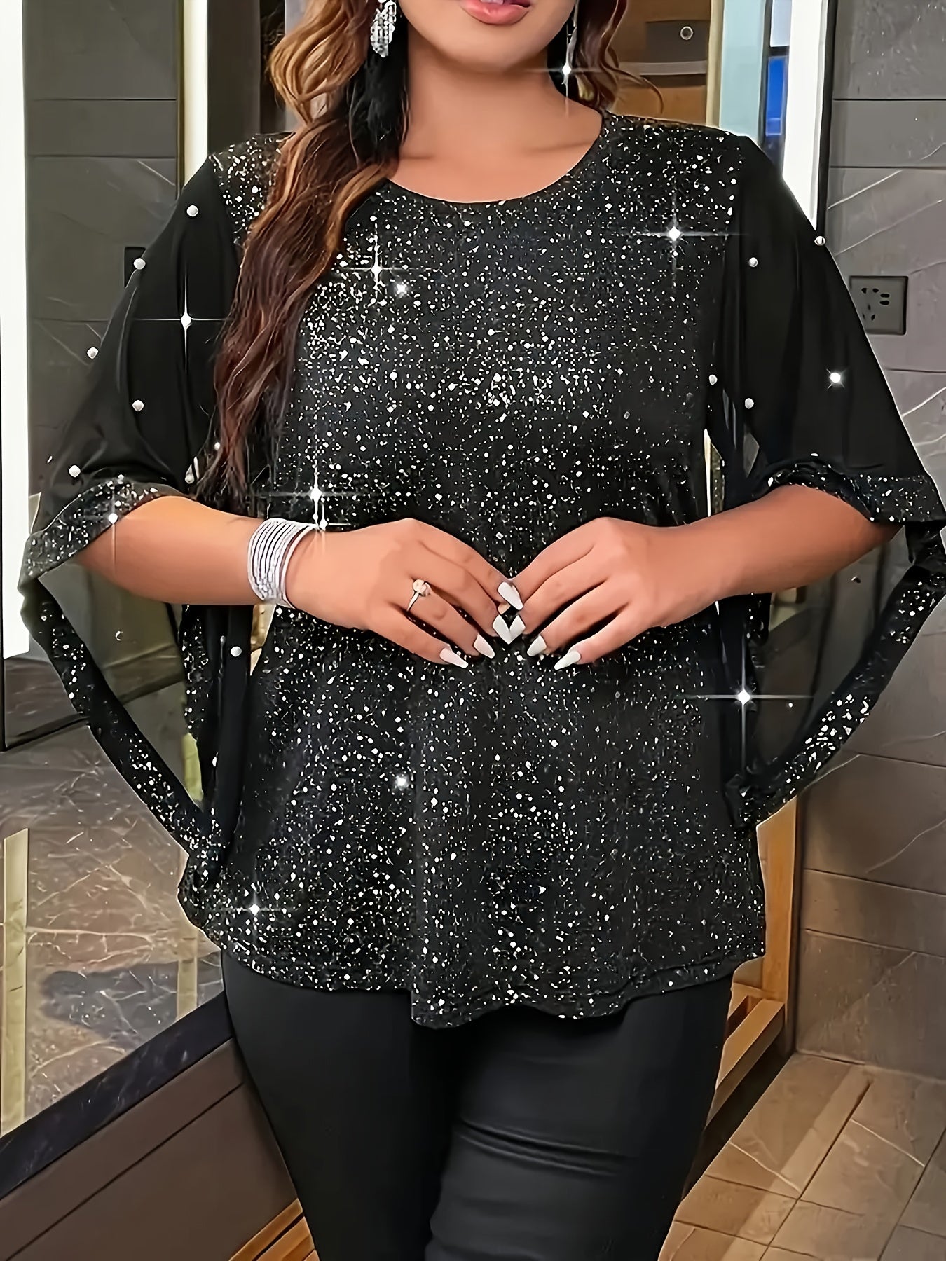 Plus Size Beaded Mesh Top with Irregular Sleeves for Spring and Summer