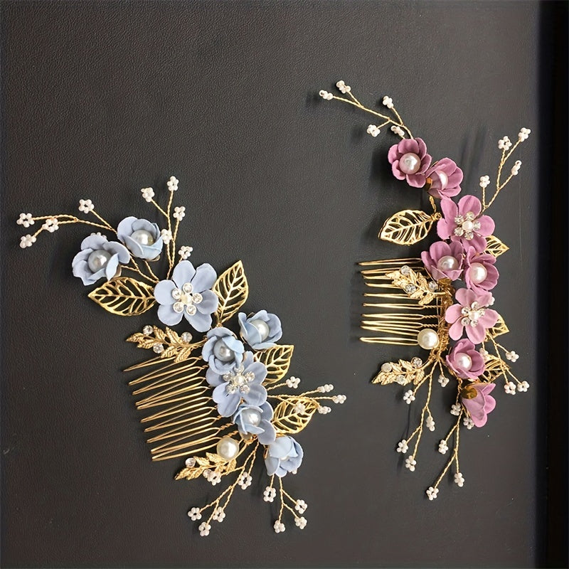 Set of 4 Blue Flower Hair Combs with U-Shaped Hairpins Bridal Hair Accessories