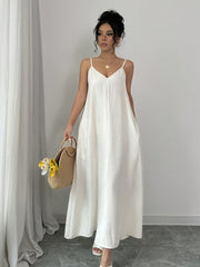 White V-Neck Maxi Dress Solid Color Long Sleeve Summer Casual Slip Dress