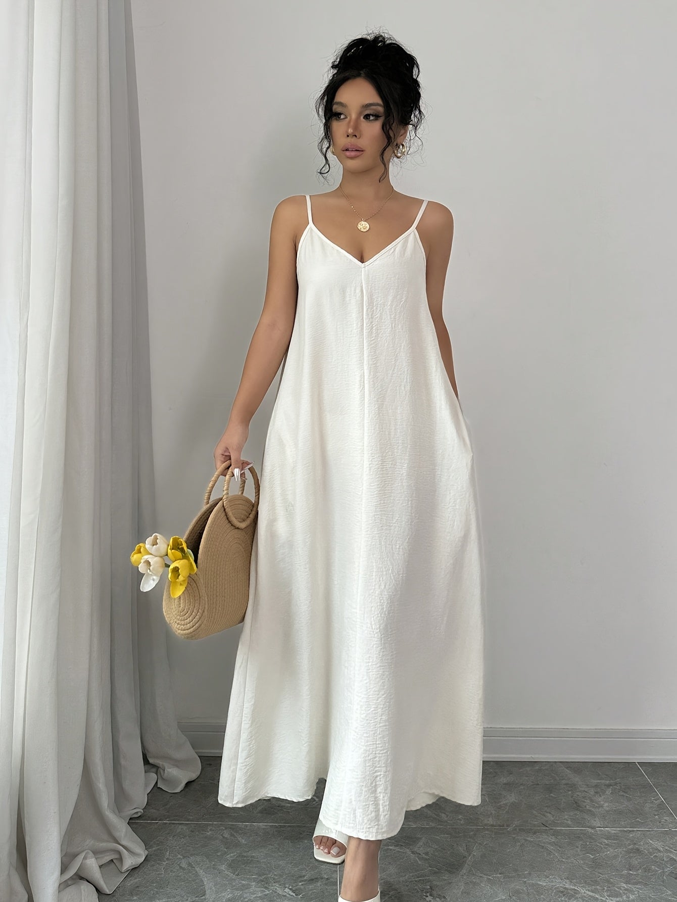 White V-Neck Maxi Dress Solid Color Long Sleeve Summer Casual Slip Dress