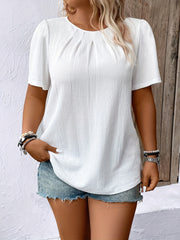 Ayollar uchun keng model qisqa ko'ylakli, yengli, krujka bo'yinli, bir rangli, yengil polyester bluz