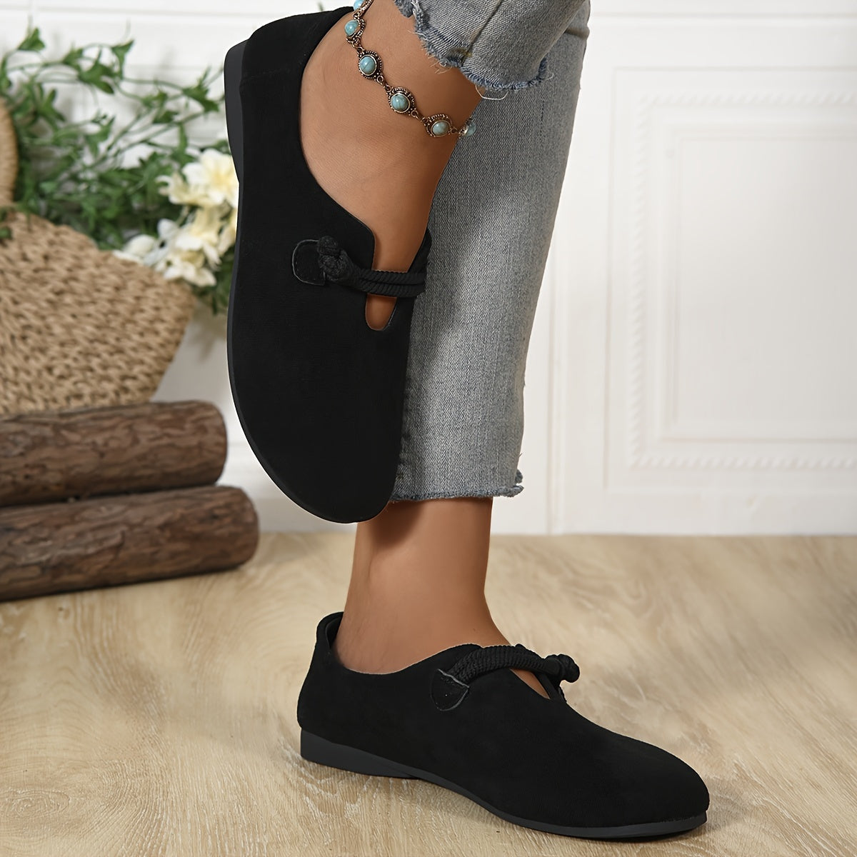 Women’s Elegant Mary Jane Flats Solid Color Slip-On Round Toe Fabric Upper