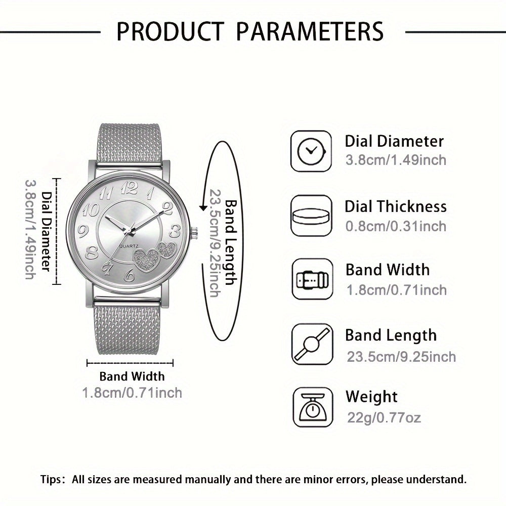 Women's 6-Piece Jewelry Set with Heart-Shaped Quartz Watch and Matching Accessories