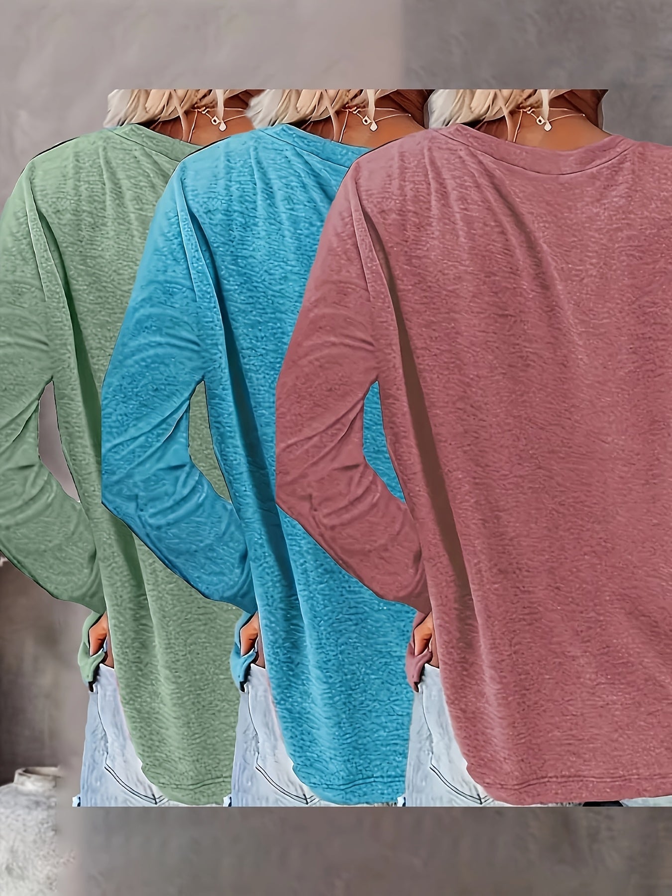 Camisetas de manga larga para mujer con cuello redondo, colores sólidos, pack de primavera y otoño, cómodas