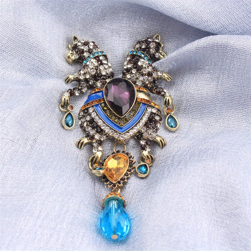 Hayvonlar uchun brosh pin, ikki boshli leopard, rhinestone, tassel, zargarlik buyumlari aksessuarlari