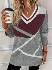 Plus Size Striped V-Neck Pullover Sweater for Women Spring Summer Knit Polyester