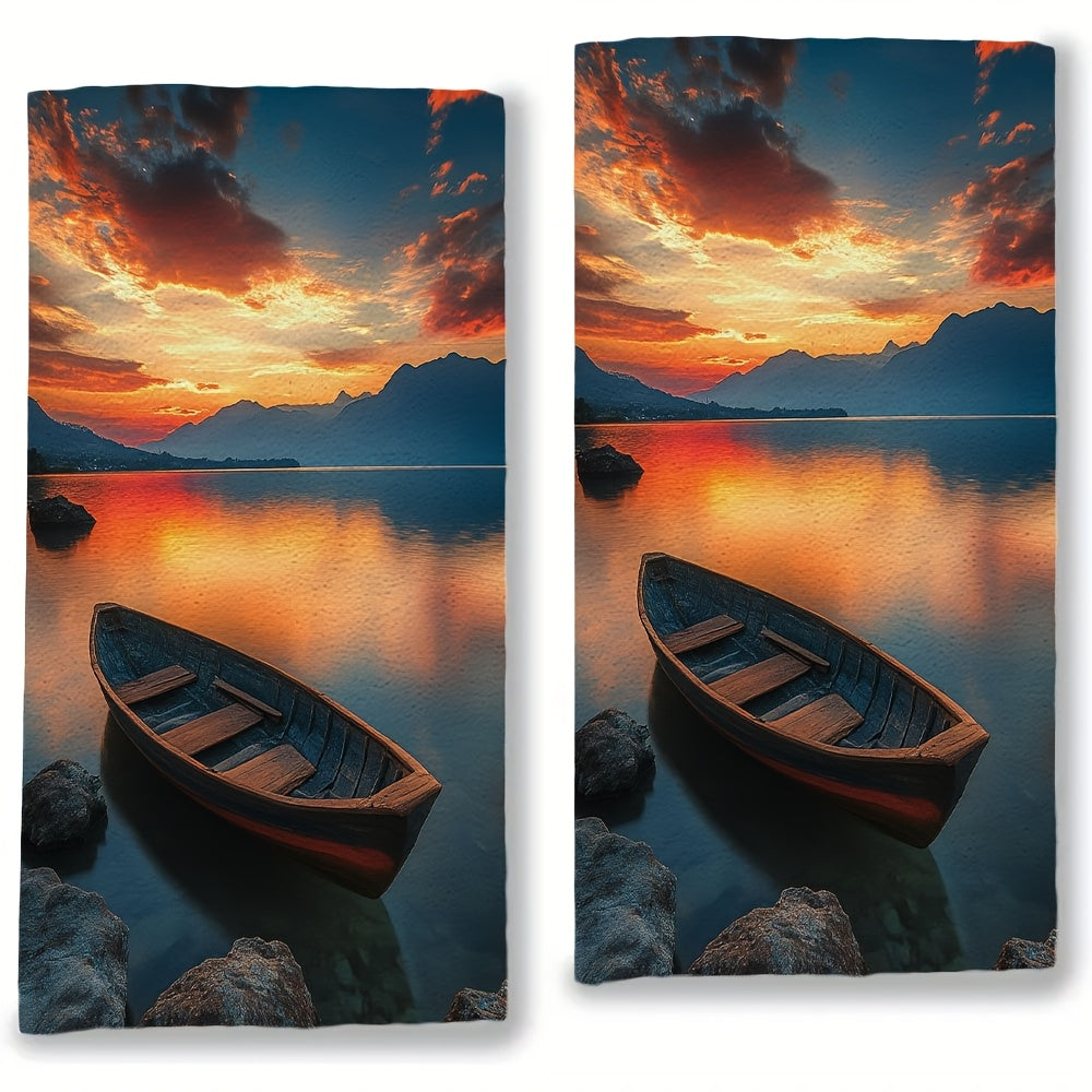 Set of 2 Soft Kitchen Towels Lake and Mountain Sunrise 40x60cm Absorbent
