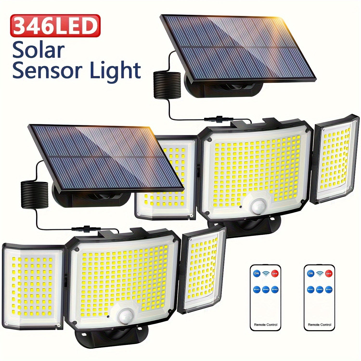 Lámpara solar de pared 346 LED sensor de movimiento 3 modos bajo voltaje control remoto exterior interior