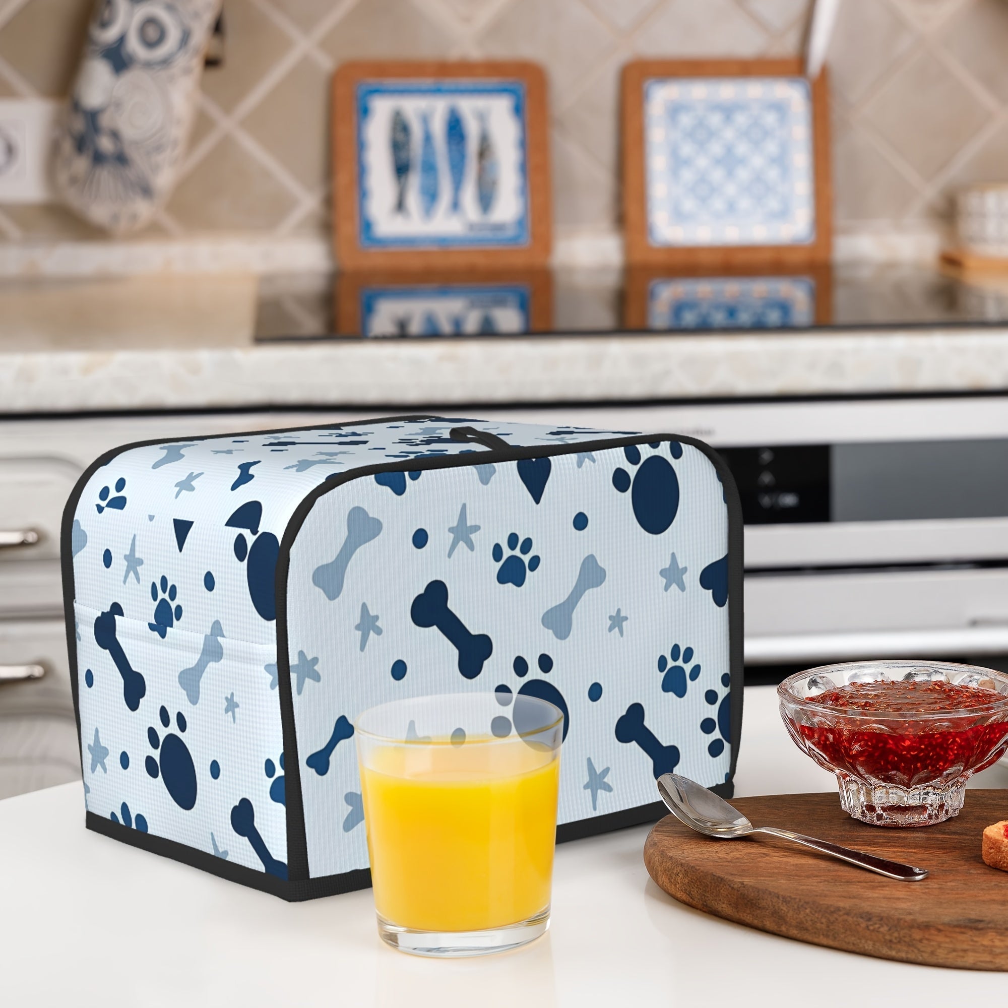 Funda para tostadora con estampado de huellas de patas y huesos, protección de poliéster contra polvo y huellas digitales