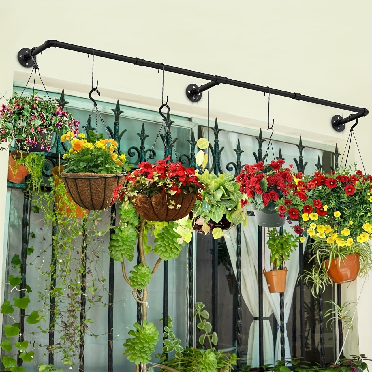 Industrial Metal Hanging Plant Rod for Indoor Outdoor Use with Multiple Components