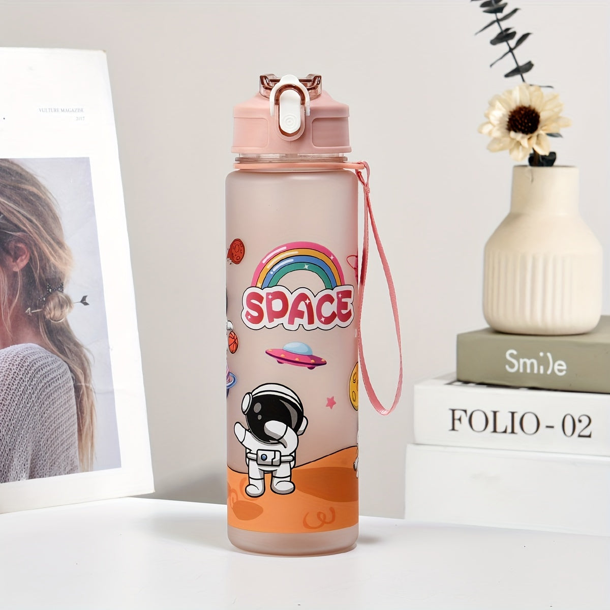 Space-Themed Astronaut Water Bottle with Straw Lightweight PVC-Free for Outdoor and Back-to-School