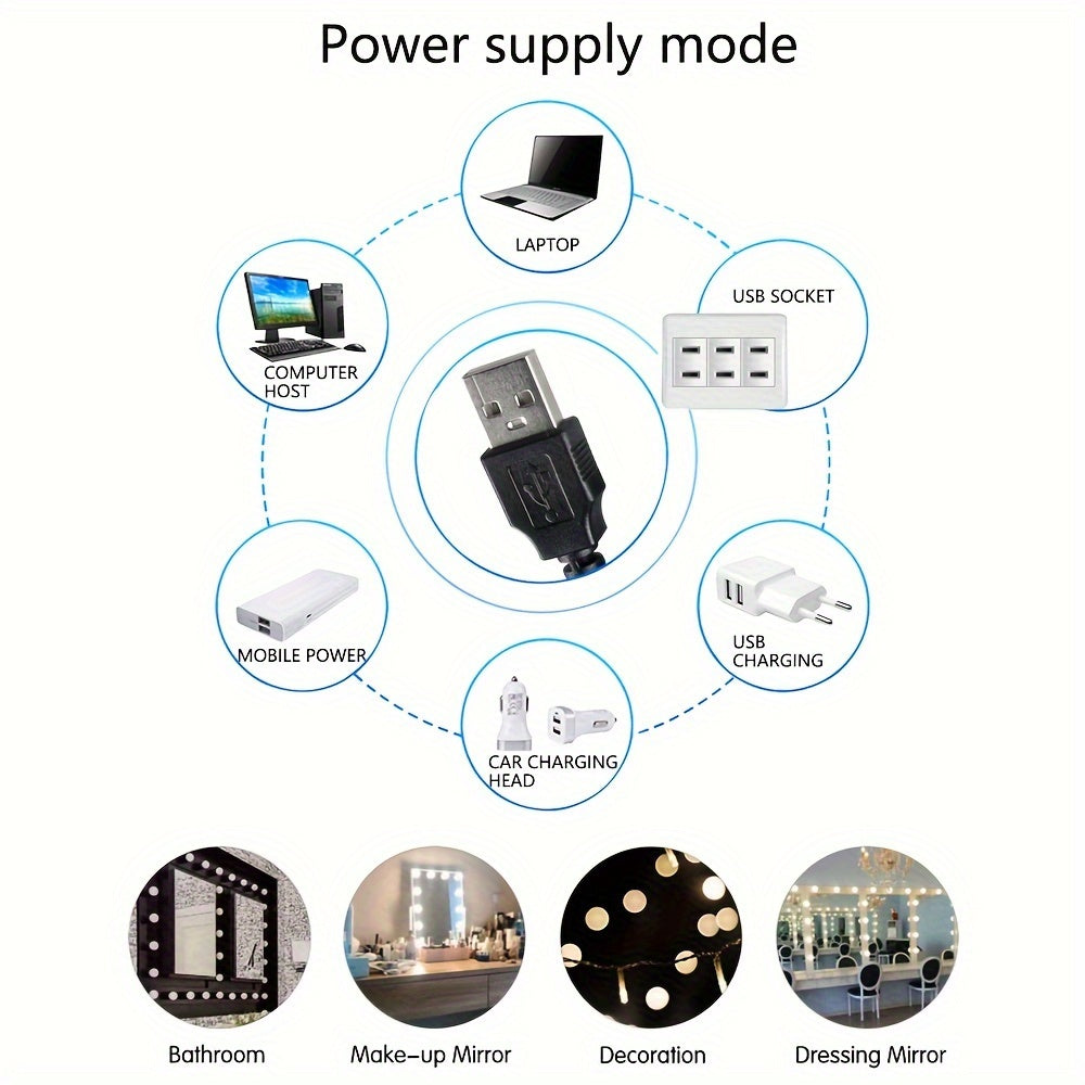 3-Color Dimmable LED Makeup Mirror Bulb USB Powered for Bedroom Bathroom Dressing Table