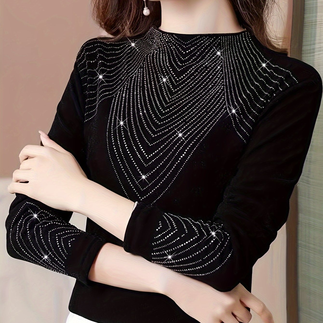 Women's Sweater with Rhinestone Decoration Long Sleeve Fall Winter Cozy Slim Fit