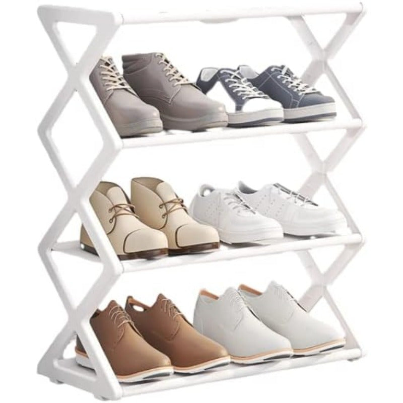 Black Plastic Freestanding Shoe Rack with Expandable Adjustable Shelves 4 Tiers