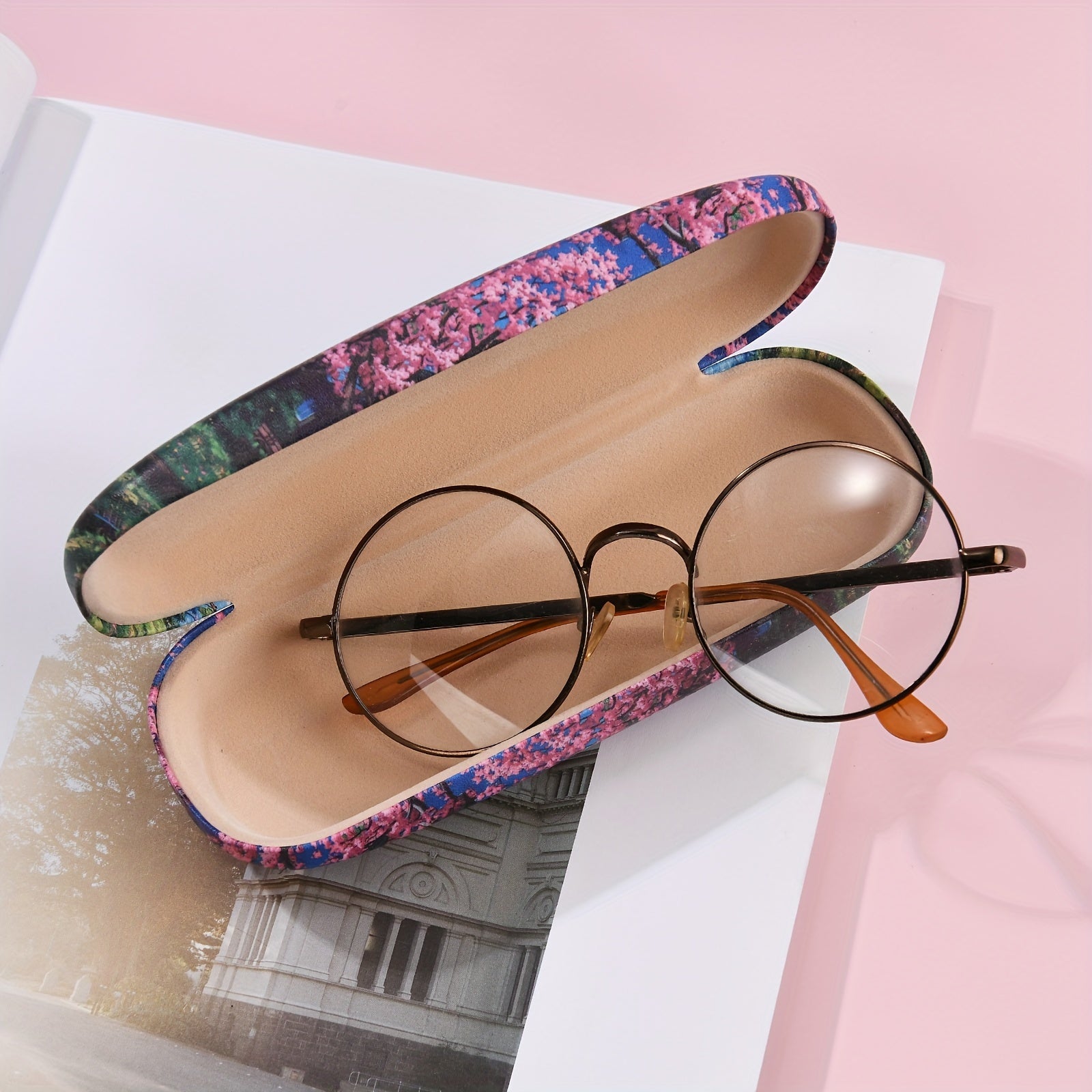 Fashion Glasses Case Cherry Blossom Print Semi-Hard Storage Box for Eyewear