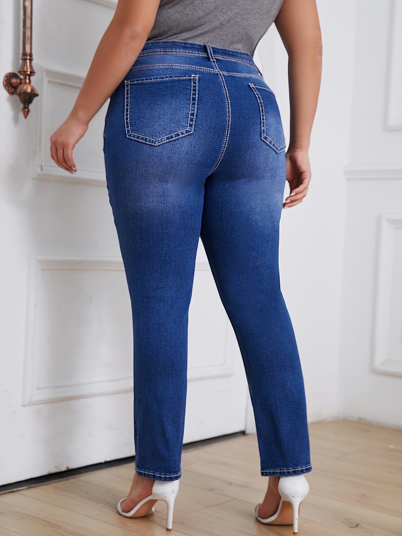 Jeans de mezclilla de talla grande para mujer, ajuste delgado, largo largo, color sólido, casual, con pierna recta