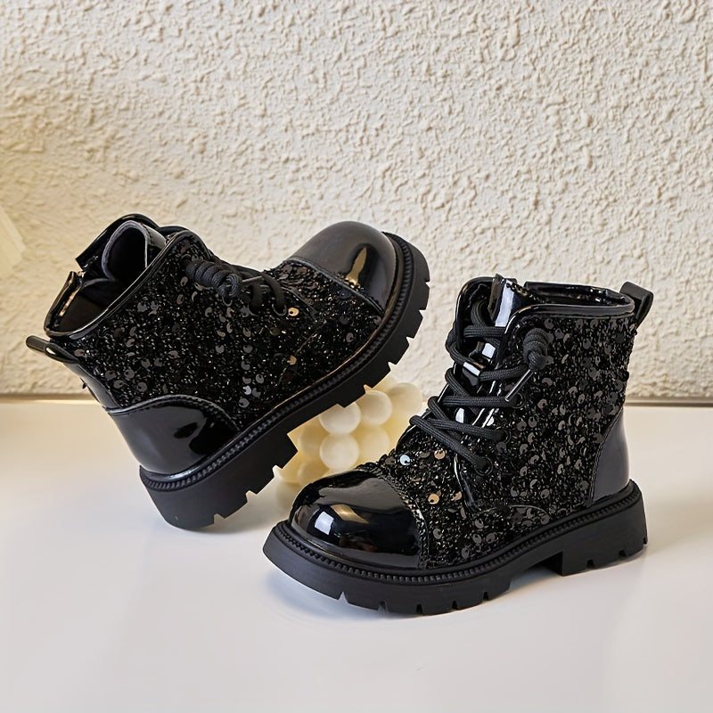 Girls Glitter Ankle Boots Fall Winter Zipper Low Top PU Rubber Sole