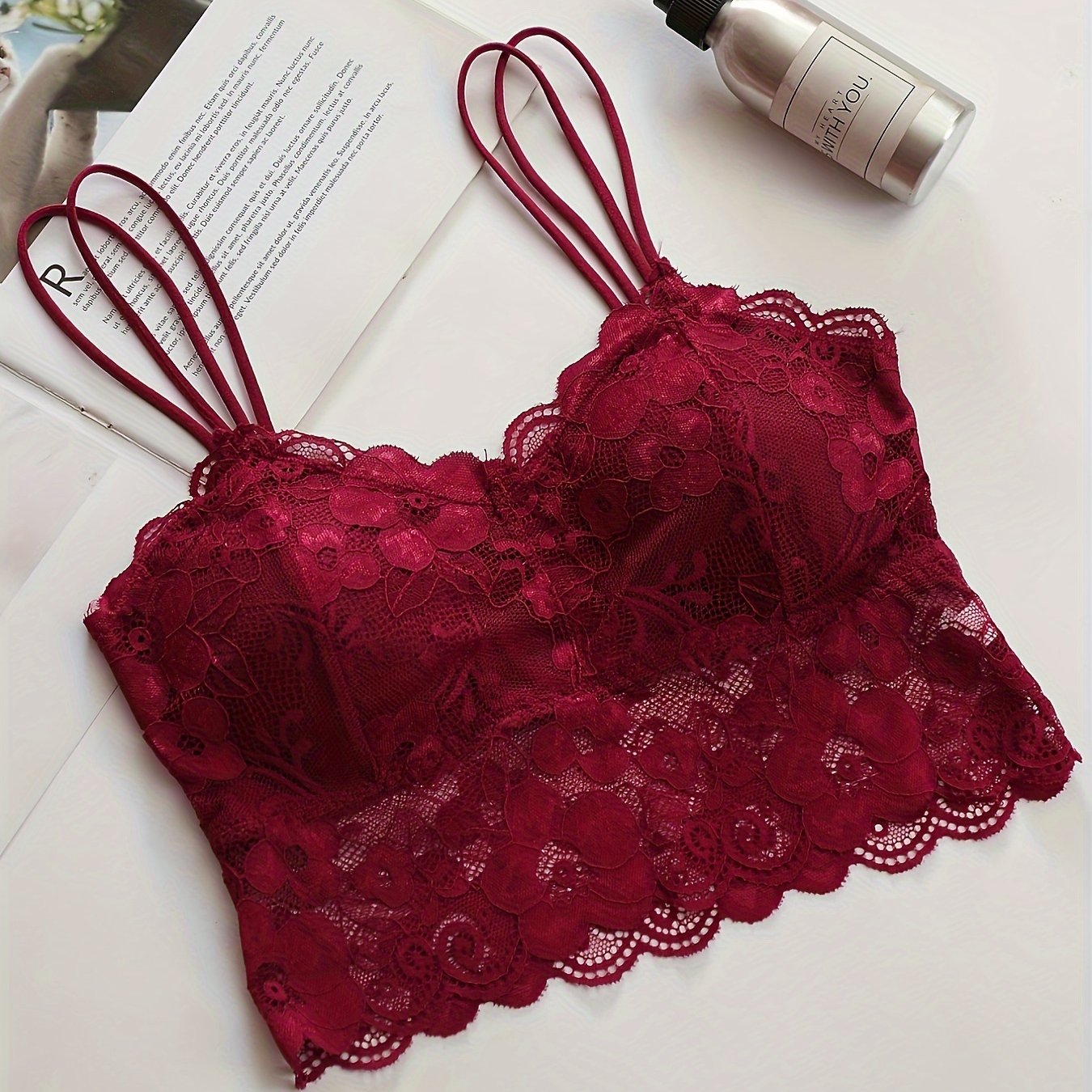 Women's Wireless Lace Bra with Double Shoulder Straps and Soft Padded Navel Top