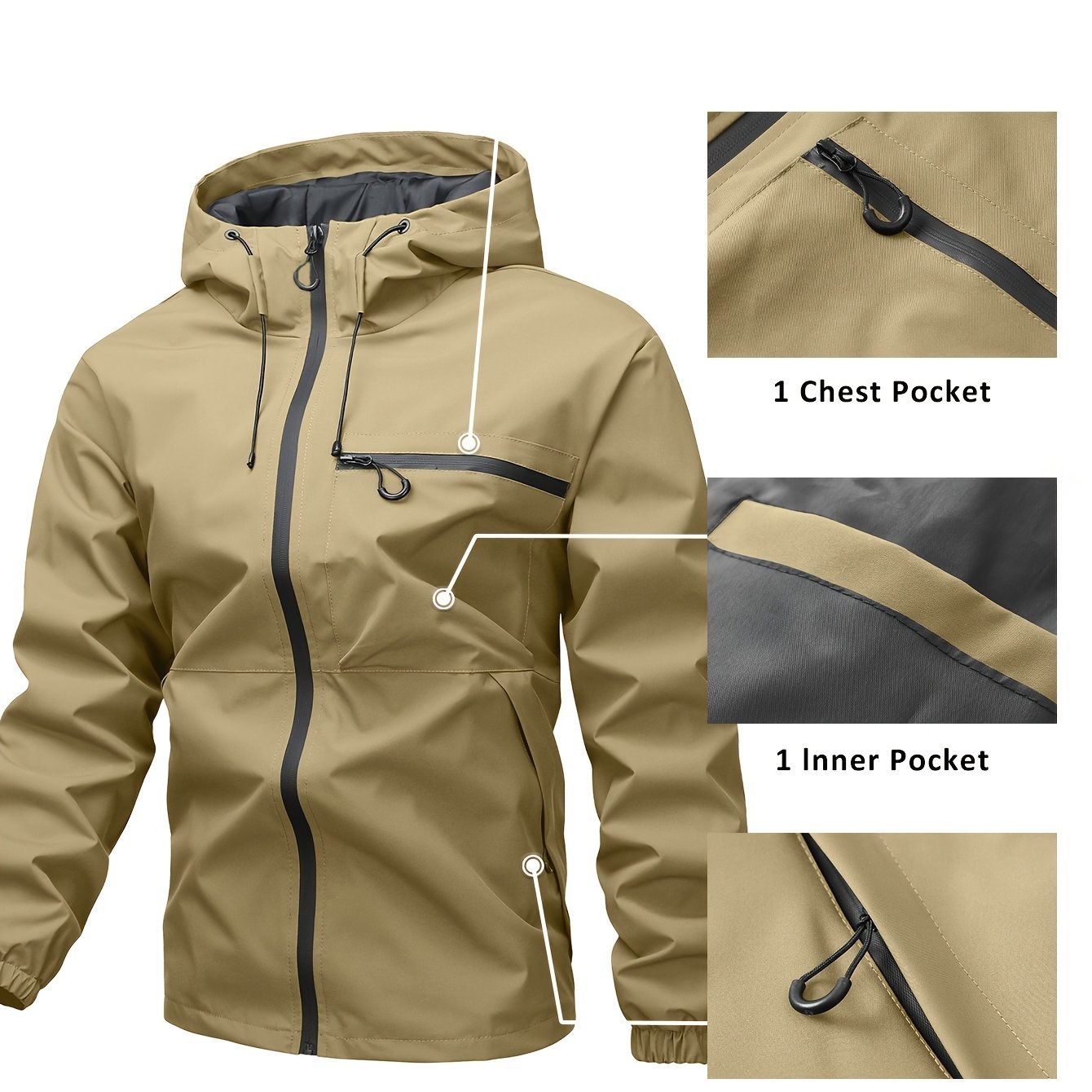 Men's Waterproof Windproof Hooded Jacket with Multi-Pockets Solid Color Outdoor Sports