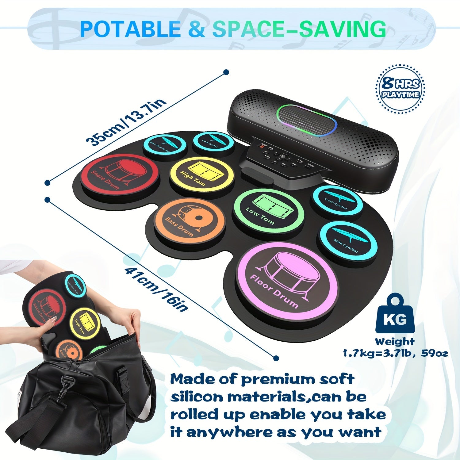 Portativ, egiluvchan silikon elektron baraban to'plami, ikki ichki dinamik bilan, USB zaryadlash, qayta zaryadlanuvchi litiy batareya - boshlovchilar uchun mo'ljallangan qora elektr baraban to'plami, o'rnatiladigan dizayn.