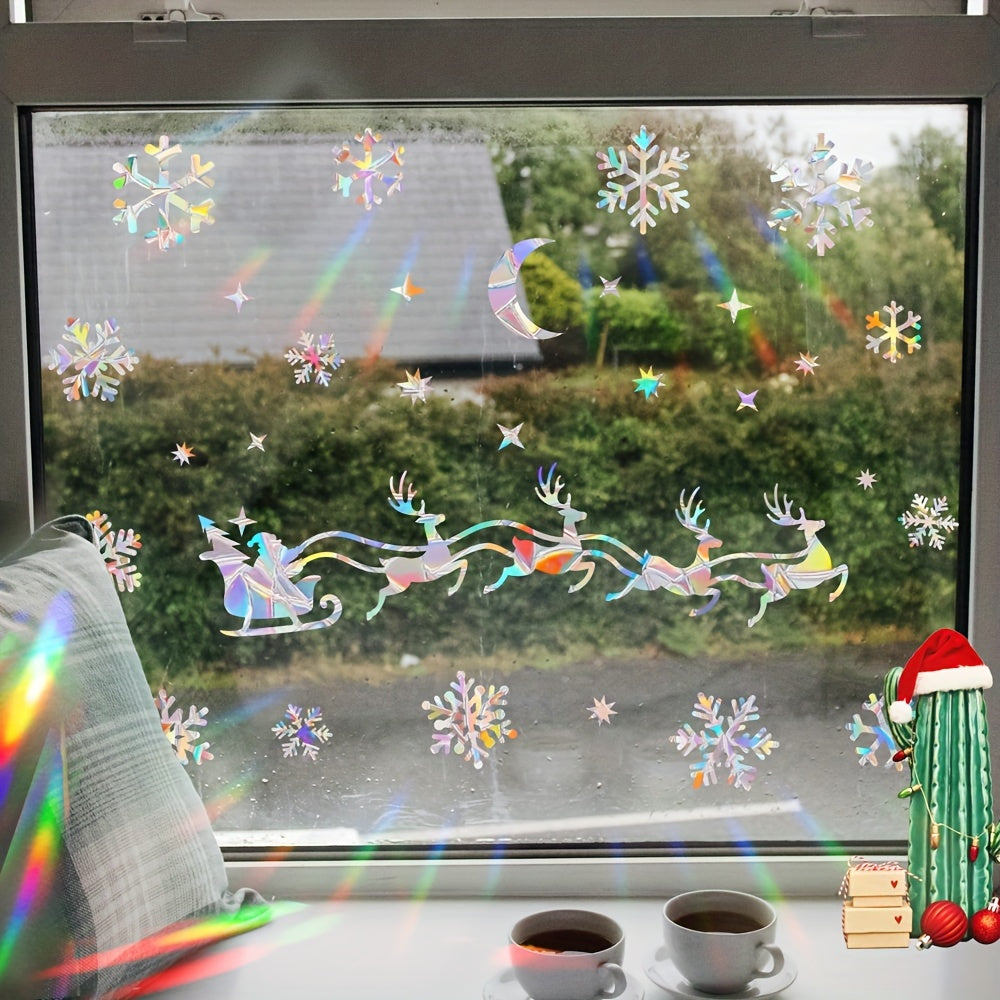 Reusable Static Cling Stickers Set Rainbow Prism Holiday Window Decals Snowflake Bird