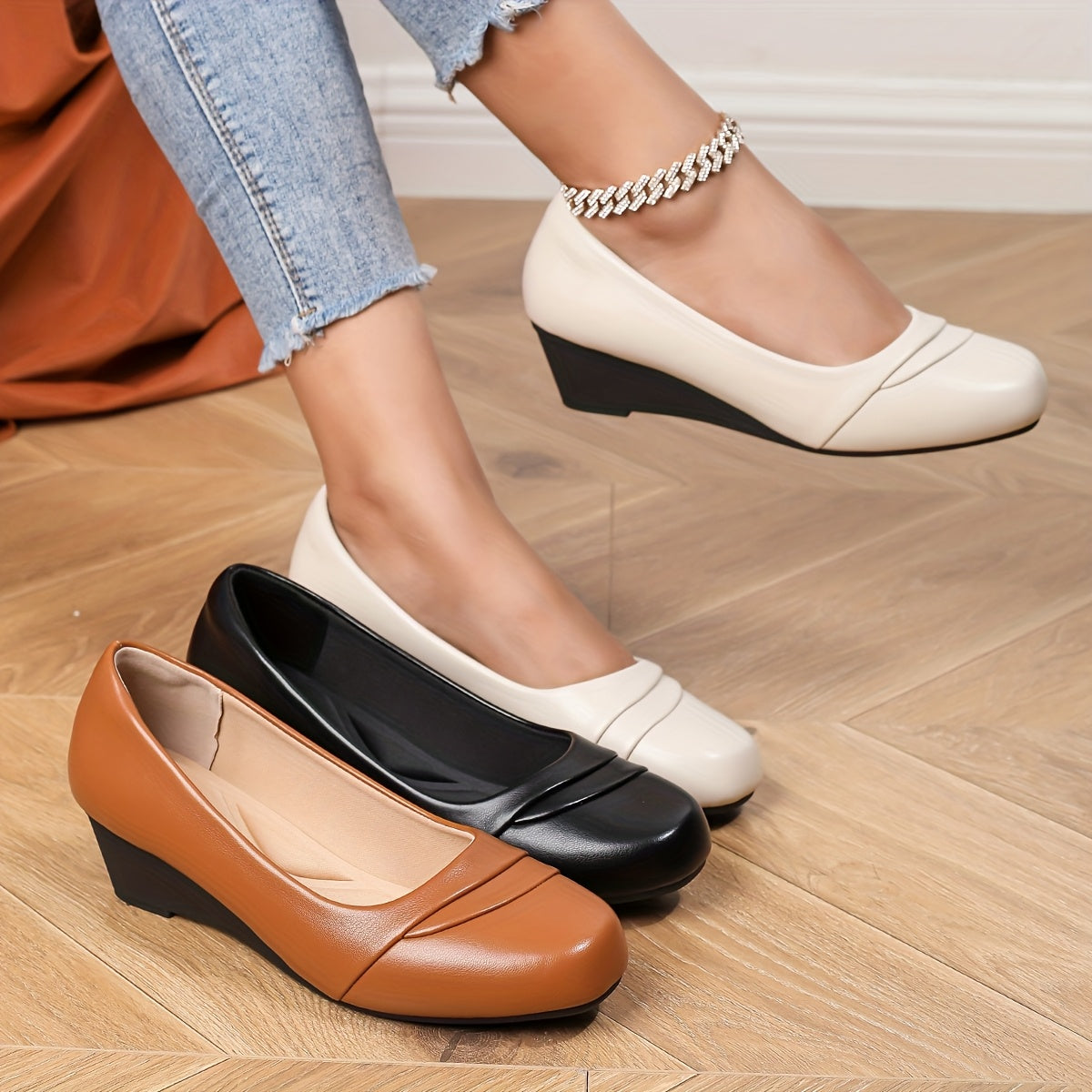 Zapatos de mujer tipo slip-on con punta cuadrada y tacón grueso, negros, cómodos para el trabajo