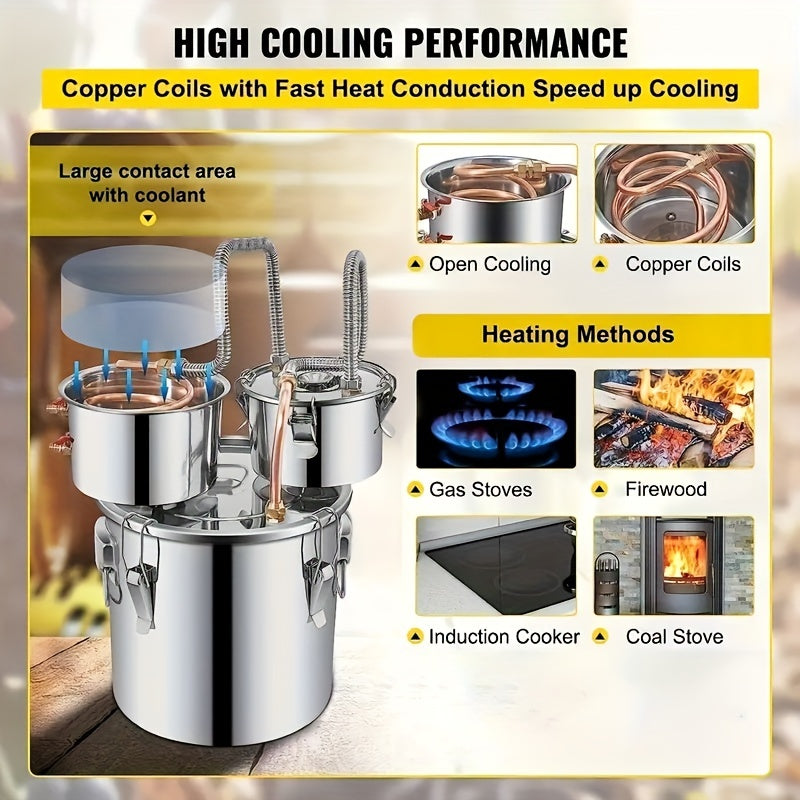 Stainless Steel Alcohol Still with Copper Tube 11.36L Home Brewing Kit for Whiskey Wine Brandy