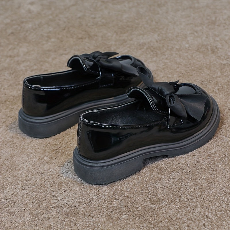 Girls Spring Black Loafers with Bow Non-Slip Rubber Sole Casual Shoes