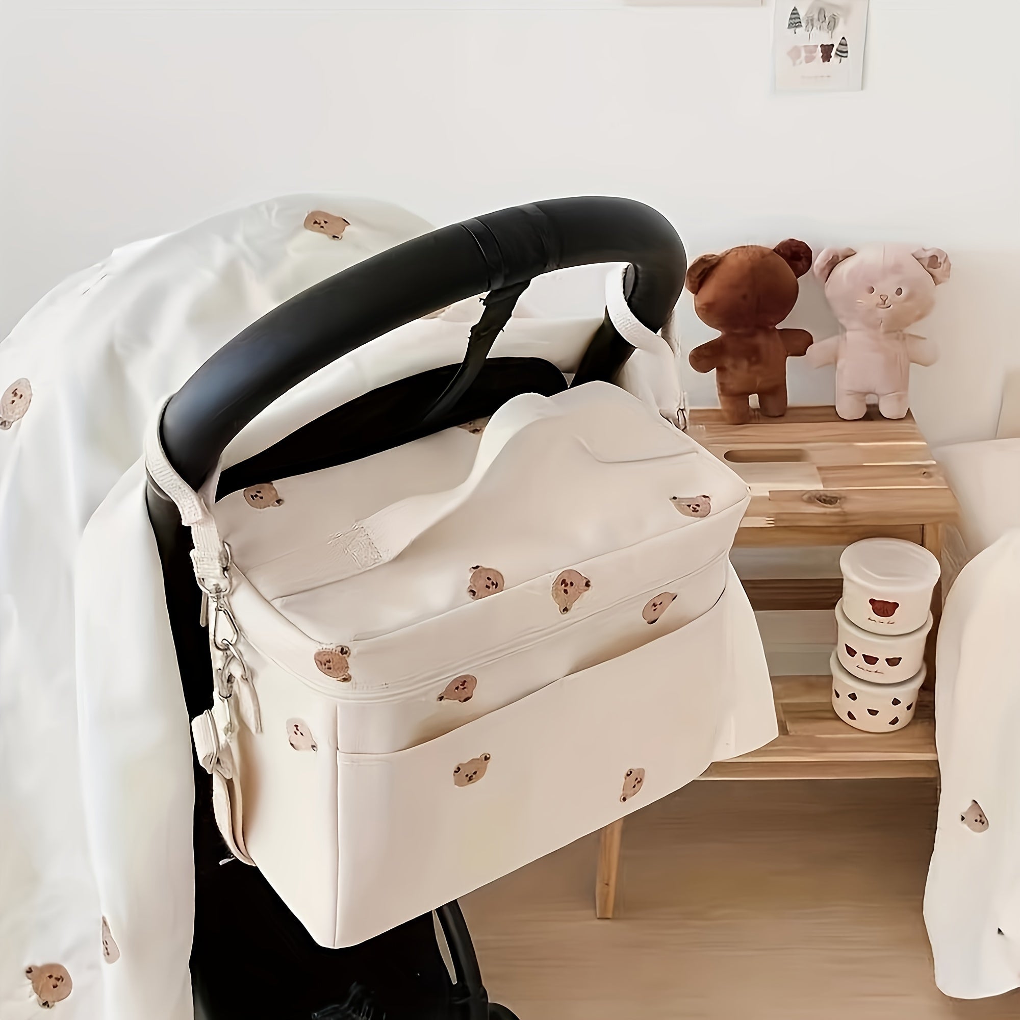 Animal Print Linen Diaper Bag with Insulated Stroller Organizer and Multiple Storage Compartments