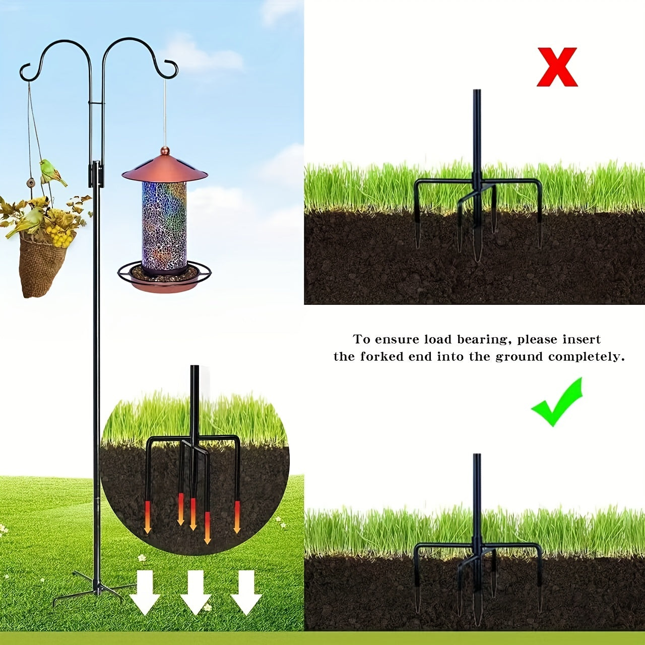 Outdoor Double Hook for Bird Feeders Plants Lanterns Metal Garden Pole with 5-Claw Base