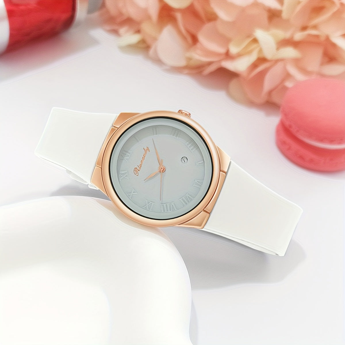 Women Quartz Watch with Silicone Band and Analog Calendar
