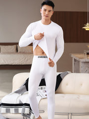 Conjunto de ropa interior térmica para hombre, forrado de felpa, de color sólido y ajuste elástico para invierno