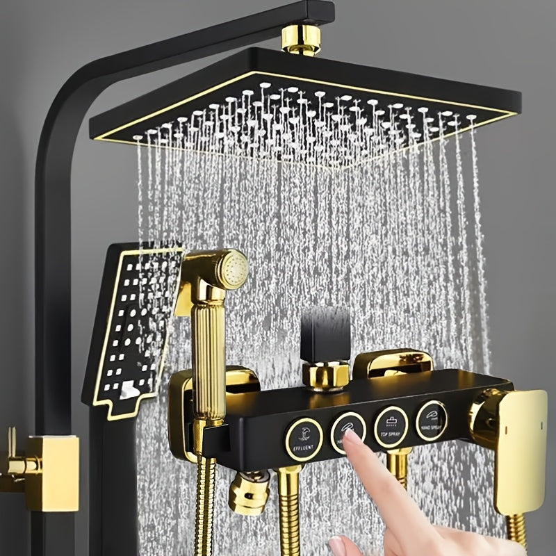 Black and Gold Shower System with Rainfall Head Handheld Spray 4-Function Tub Faucet