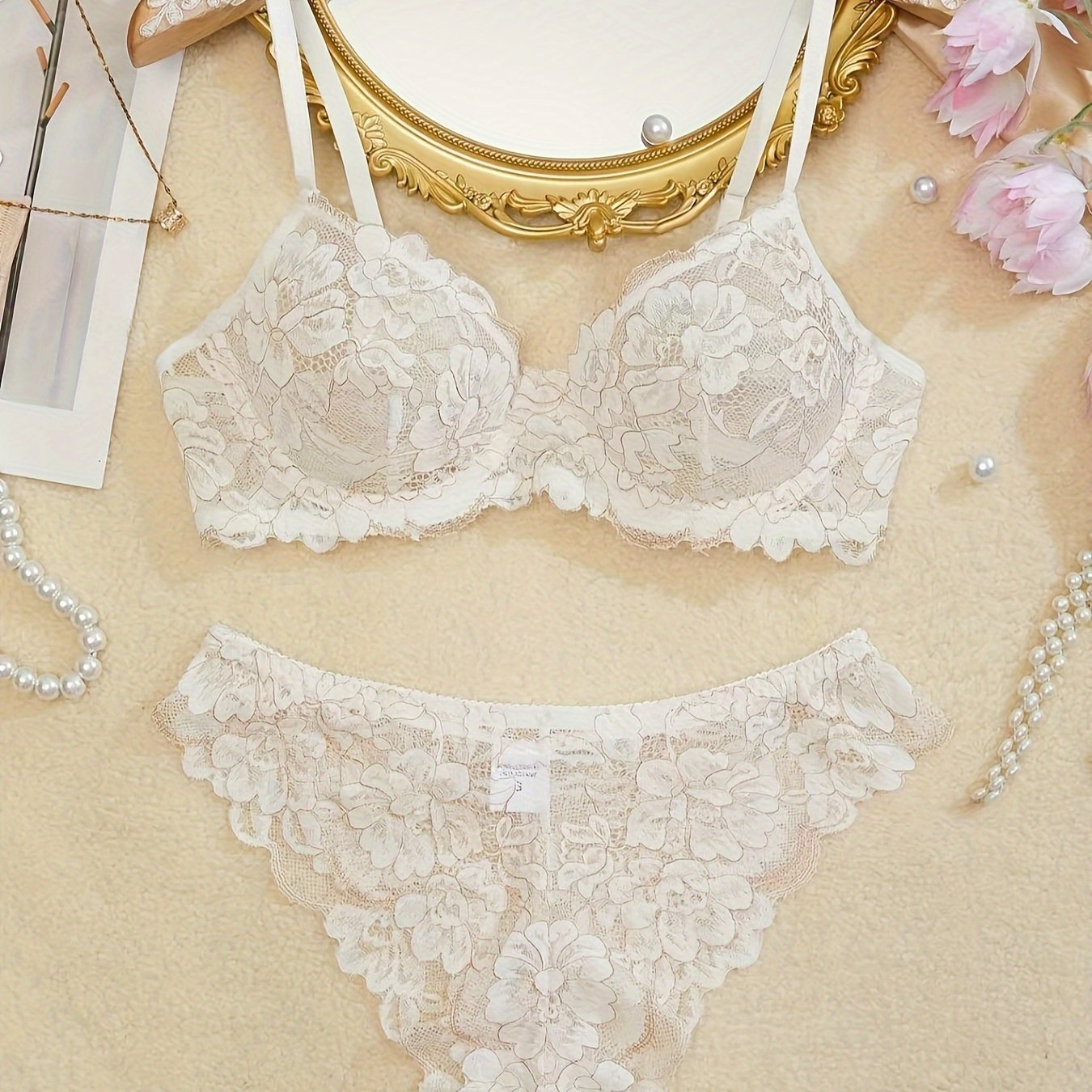 Women's Maroon Floral Lace Bra and Panty Set with Scalloped Edges and Soft Polyester Elastane Blend