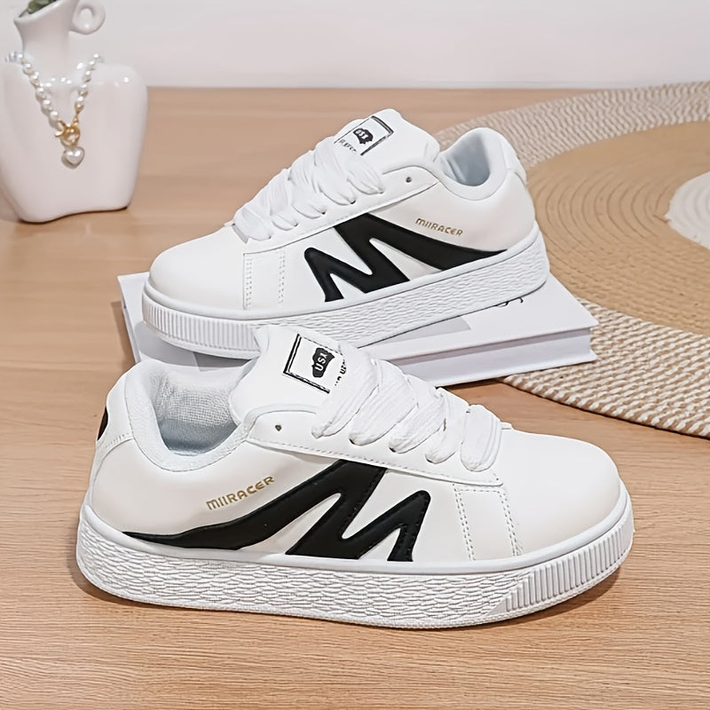 Women's Low-Top Lace-Up Sneakers Black White Synthetic Casual Shoes All-Season Comfort