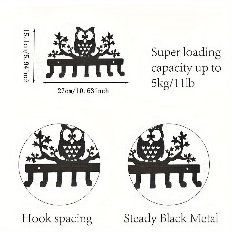 Modern Owl Metal Key Holder with 7 Hooks for Entryway Organization