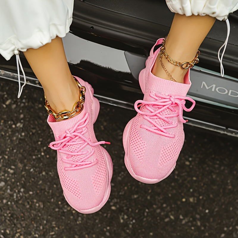Women's Solid Color Platform Sneakers Breathable Lace-Up Running Shoes Plus Size