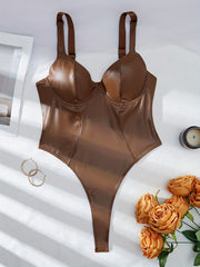 Women's Khaki Deep V Neck Body Suit with Stretch Fabric