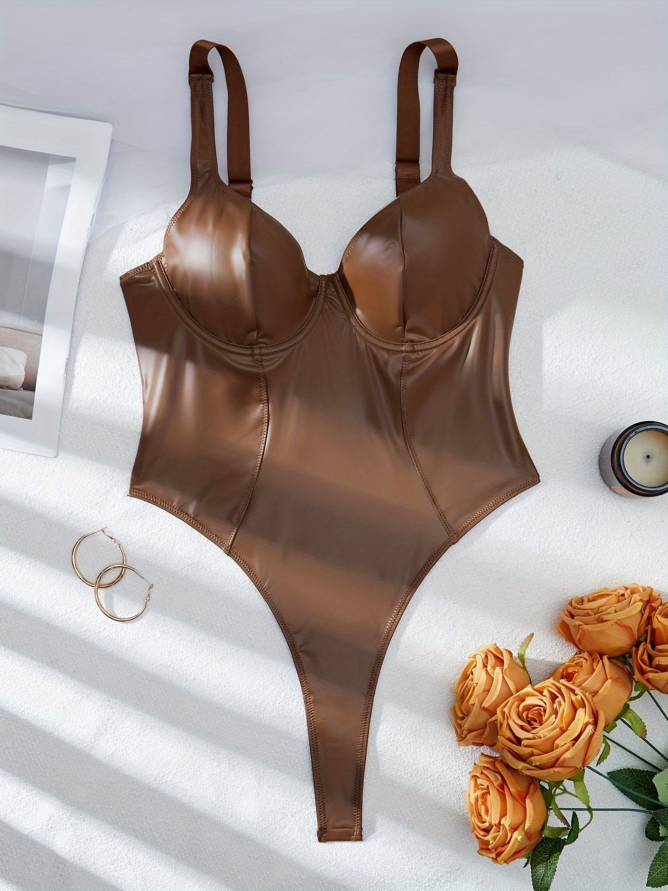 Women's Khaki Deep V Neck Body Suit with Stretch Fabric