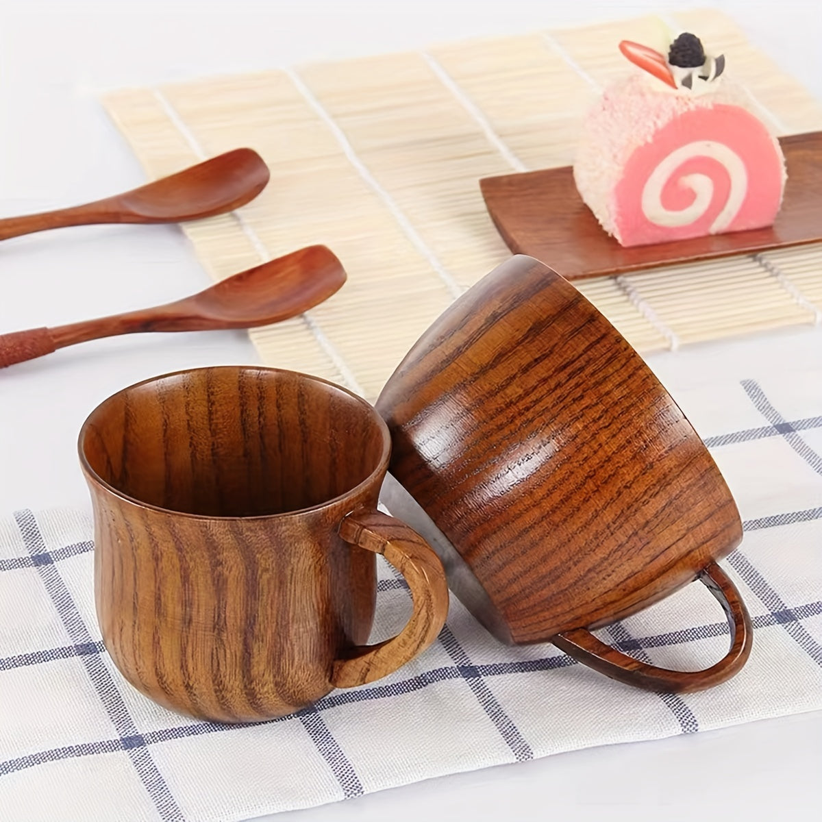 Wooden Coffee Mug Set 1 or 2 Vintage Simple Drinkware for Summer and Winter