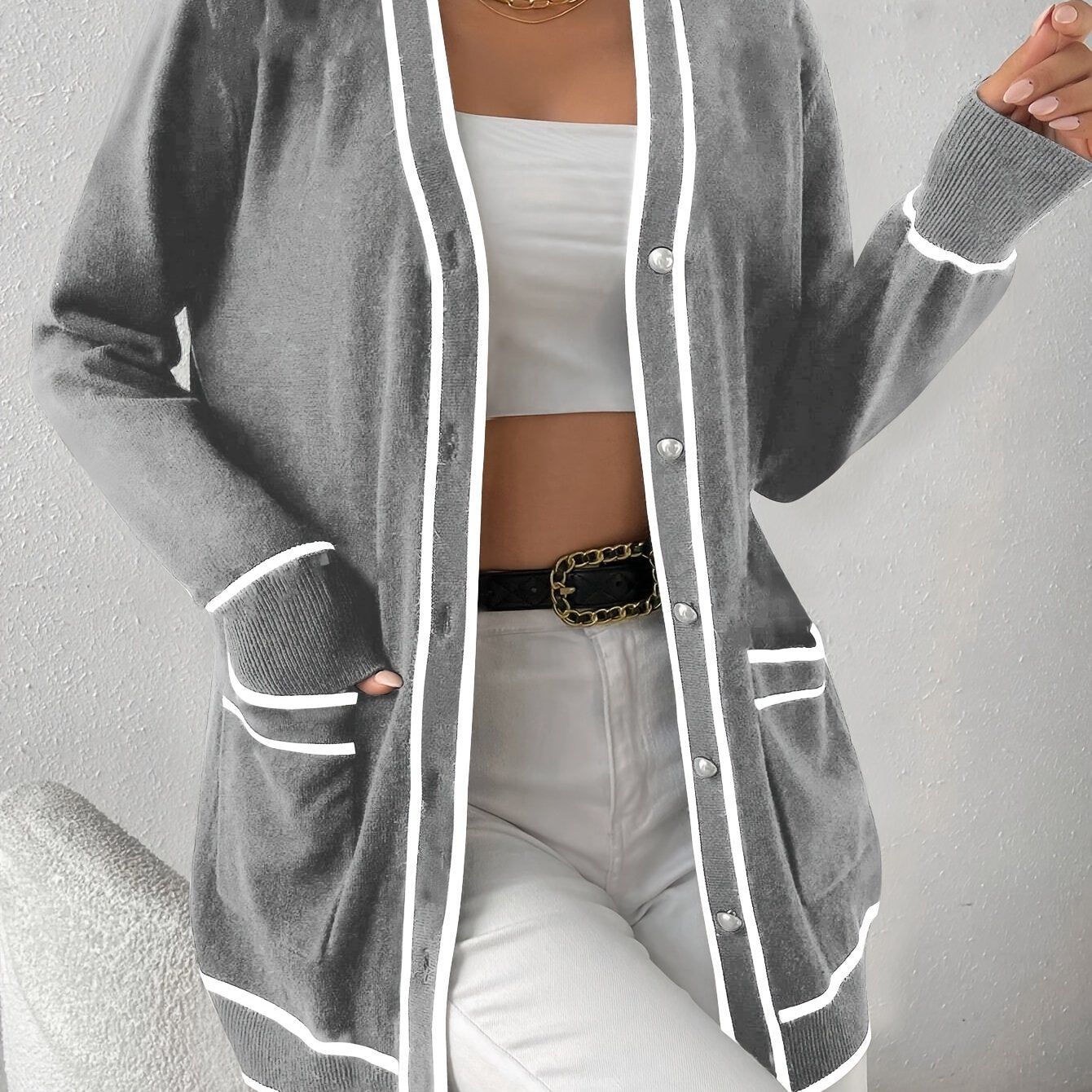 Plus Size Black White Cardigan Sweater with Pearl Buttons for Women