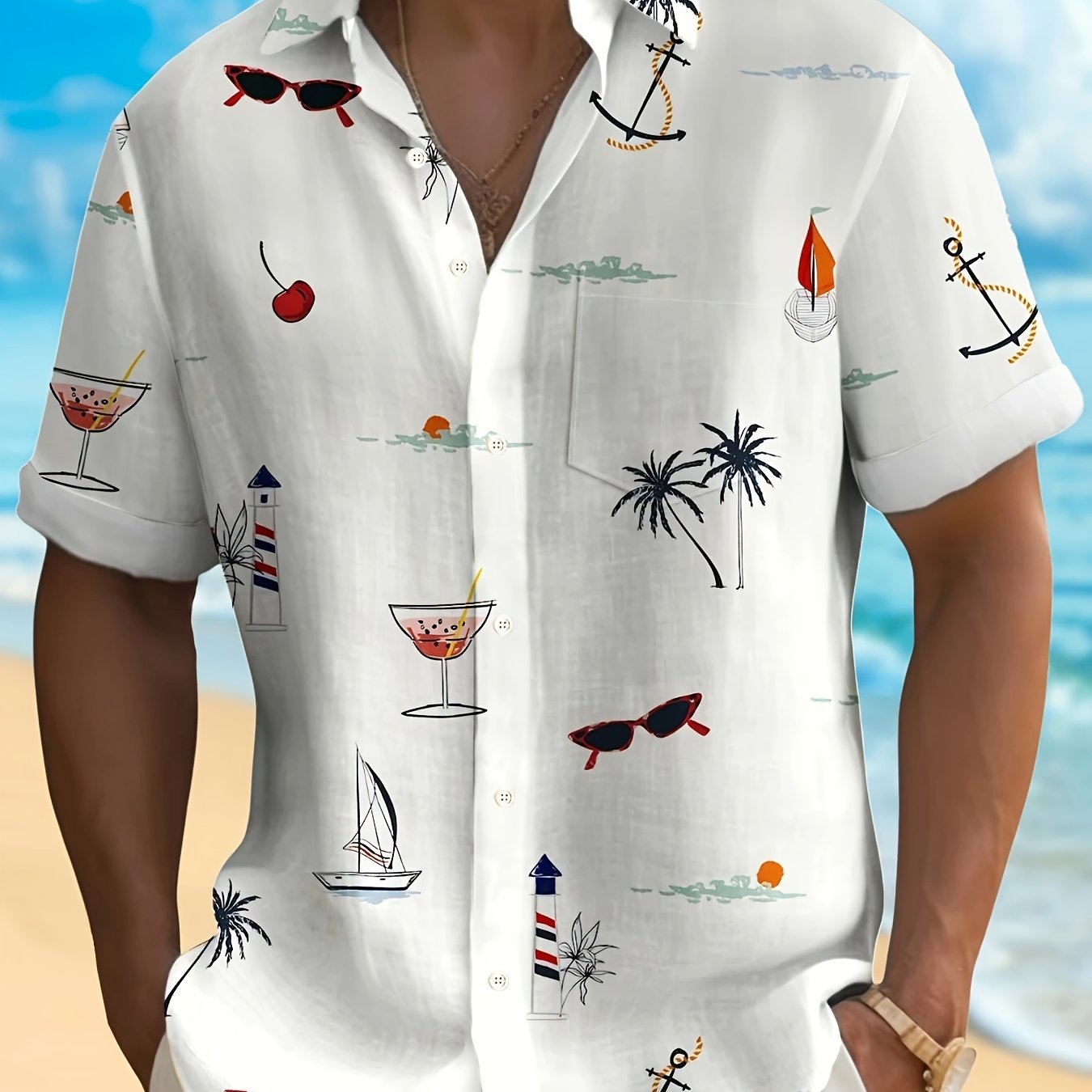 Men's Plus Size Hawaiian Shirt with Coconut Tree Sailboat and Lighthouse Print Short Sleeve Button-Up