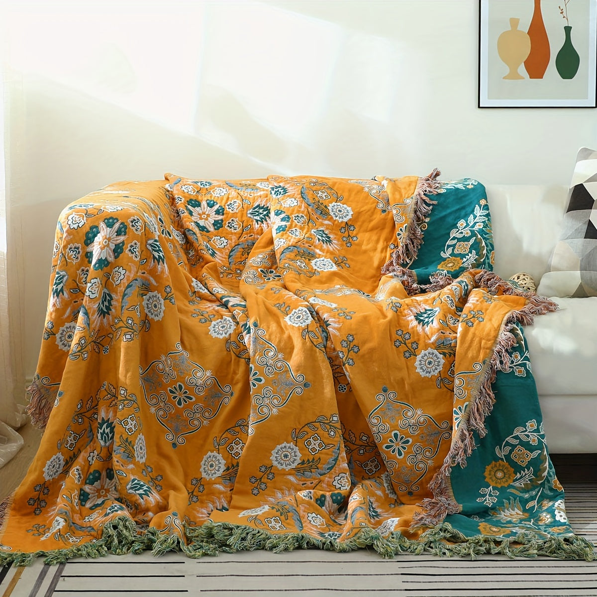 Vintage Floral Cotton Sofa Towel Blanket with Tassels Multi-Functional Nap Cover