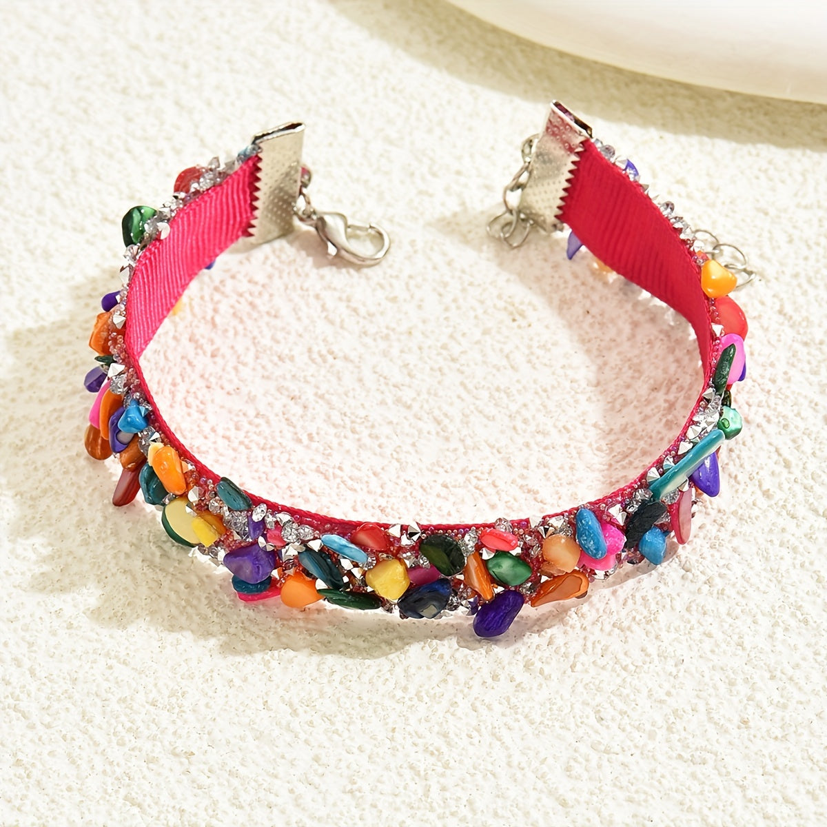Boho-Inspired Wide Bangle Bracelet with Colorful Faux Gems and Rhinestones