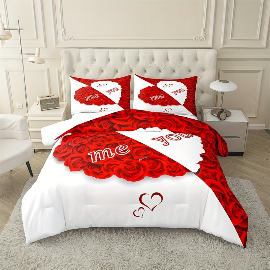 Red Rose Duvet Cover Set with 2 Pillowcases All-Season Polyester Zipper Closure