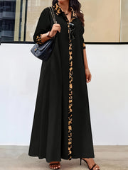 Plus-Size Leopard Print Dress with Collar Long Sleeves and Elegant Skirt for Spring and Autumn