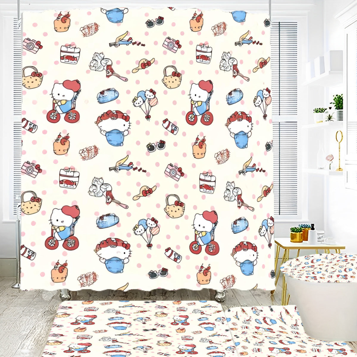 Hello Kitty Bathroom Decor Set 4pcs Waterproof Shower Curtain Rug Toilet Seat Cover