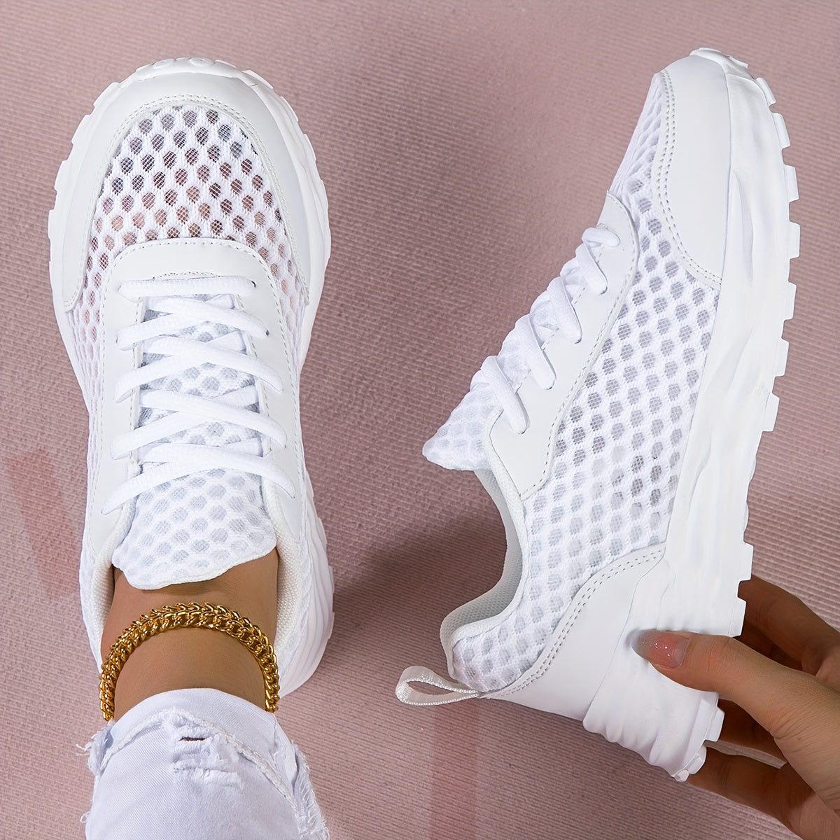 Women's White Casual Perforated Sneakers Low Top Lace-Up Comfort Shoes